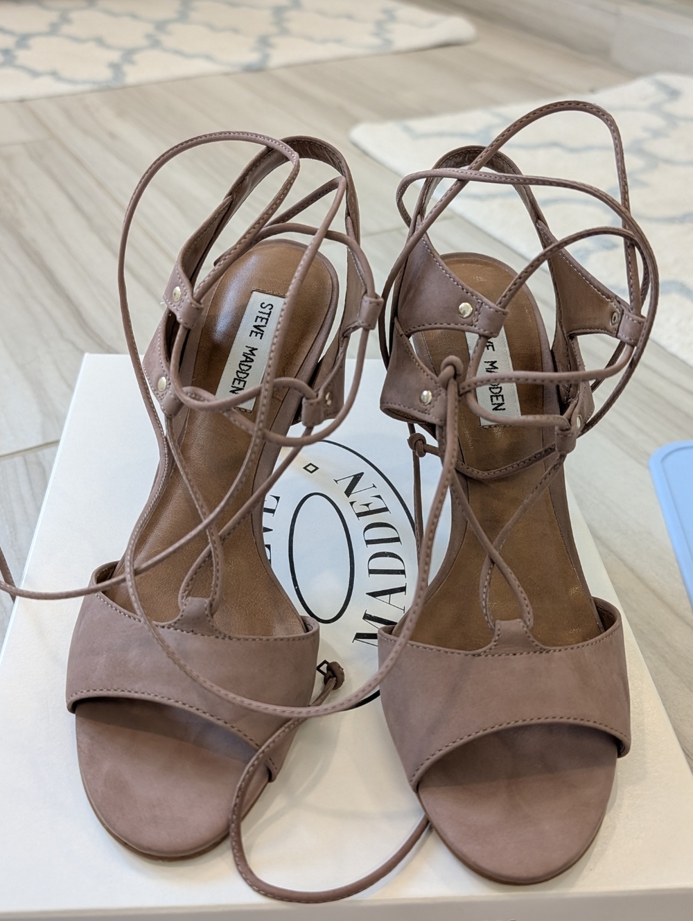 Steve Madden Lace-Up Selma Nubuck Open Toe Heels in Taupe 8.5